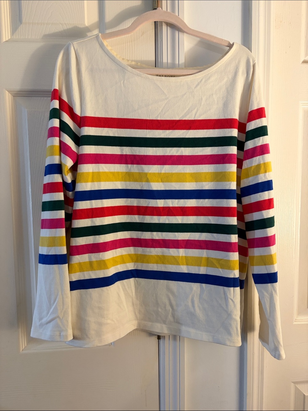 Talbots White Long-Sleeve Tee with Multicolor Rainbow Stripes